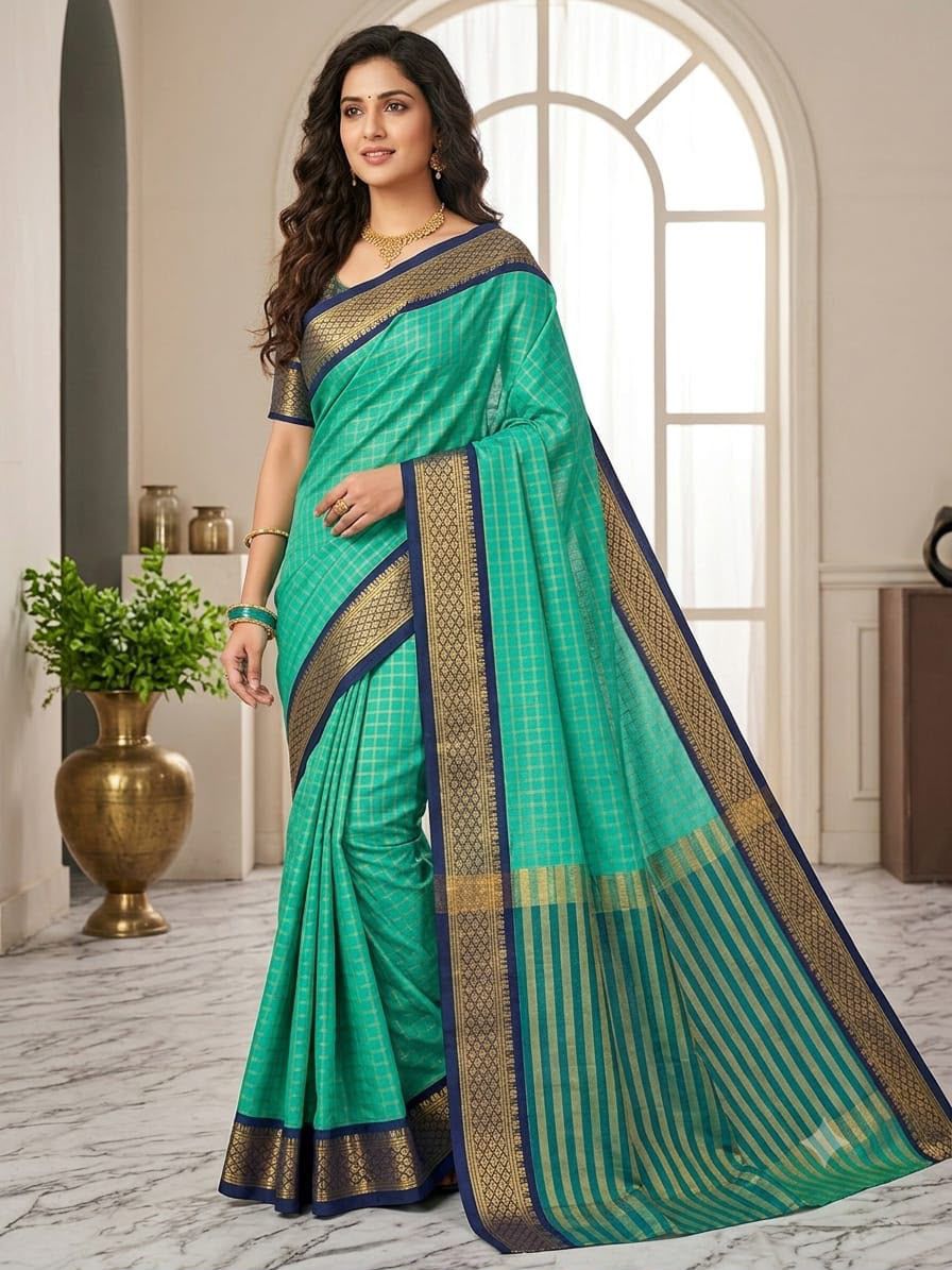 Coral Pink Handloom Cotton Silk Saree with Purple Gold Zari Checkered Weave